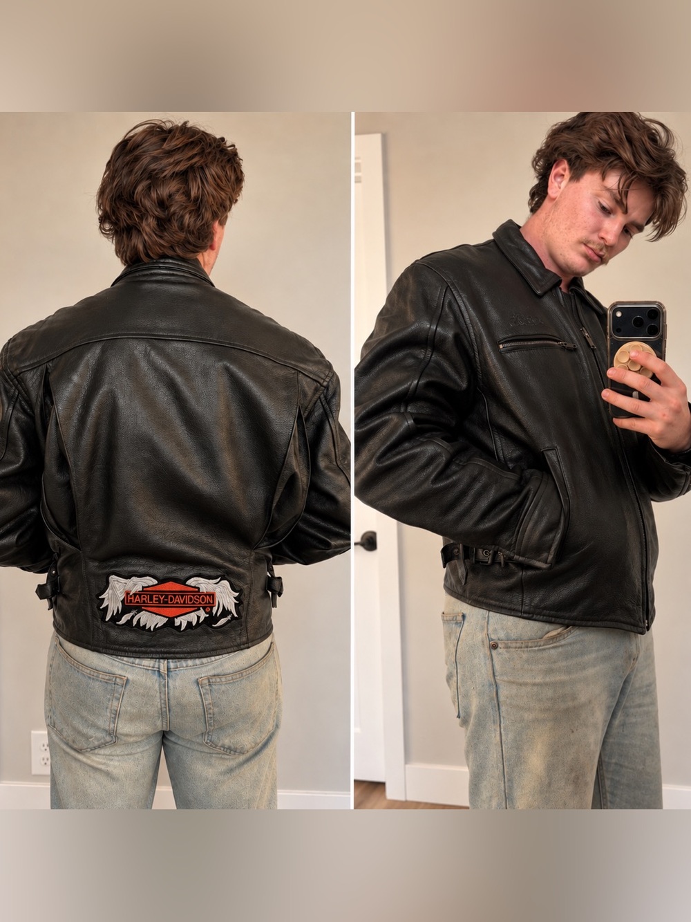 Vintage easy riders Black Leather Bomber Jacket with Harley-Davidson Patch